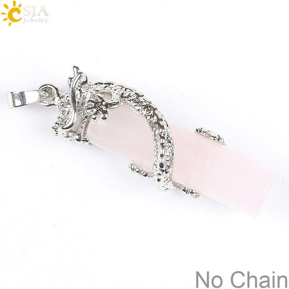 Classic Natural Stone Crystal Column Pendant Necklace Copper Electroplated Minimalist Totem Dragon Design Jewelry For Men And Women