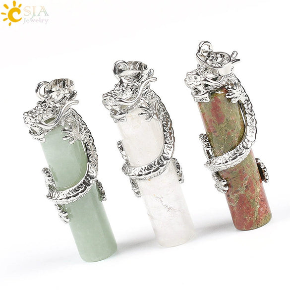 Classic Natural Stone Crystal Column Pendant Necklace Copper Electroplated Minimalist Totem Dragon Design Jewelry For Men And Women