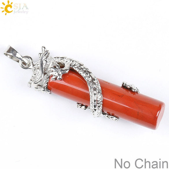 Classic Natural Stone Crystal Column Pendant Necklace Copper Electroplated Minimalist Totem Dragon Design Jewelry For Men And Women