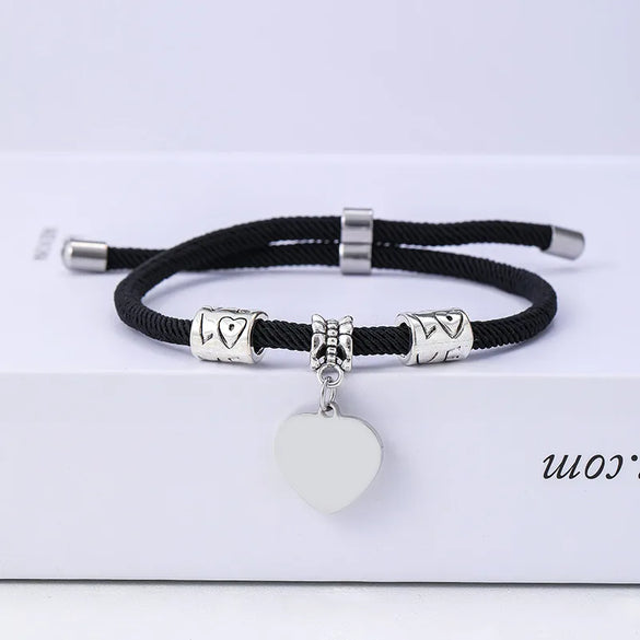 Classic Style Customization Laser Engraving Heart Shape 201 Stainless Steel Rope Cord String String Bracelets Wholesale