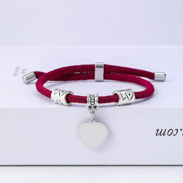 Classic Style Customization Laser Engraving Heart Shape 201 Stainless Steel Rope Cord String String Bracelets Wholesale