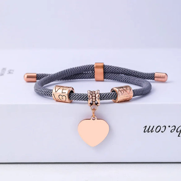 Classic Style Customization Laser Engraving Heart Shape 201 Stainless Steel Rope Cord String String Bracelets Wholesale