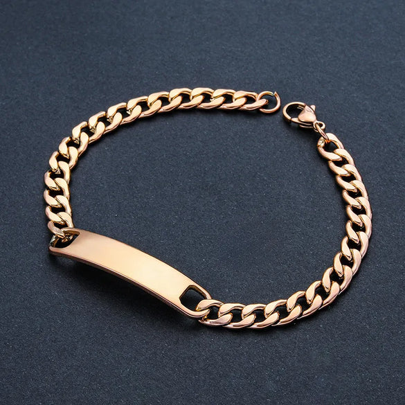 Classic Style Customization Laser Engraving Solid Color 201 Stainless Steel Cuban Link Chain Curb Chain Bracelets In Bulk