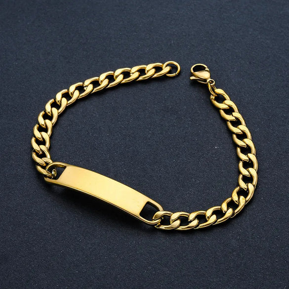 Classic Style Customization Laser Engraving Solid Color 201 Stainless Steel Cuban Link Chain Curb Chain Bracelets In Bulk