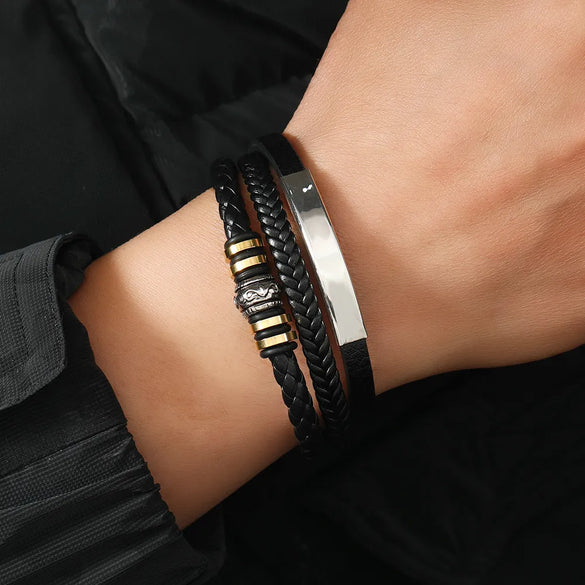 Classic Style Solid Color Pu Leather Men'S Bangle Men Cord & Leather Bracelets