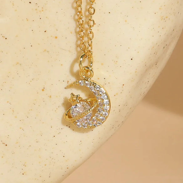 Classic Style Star Moon Copper Irregular Inlay Zircon 14k Gold Plated Pendant Necklace