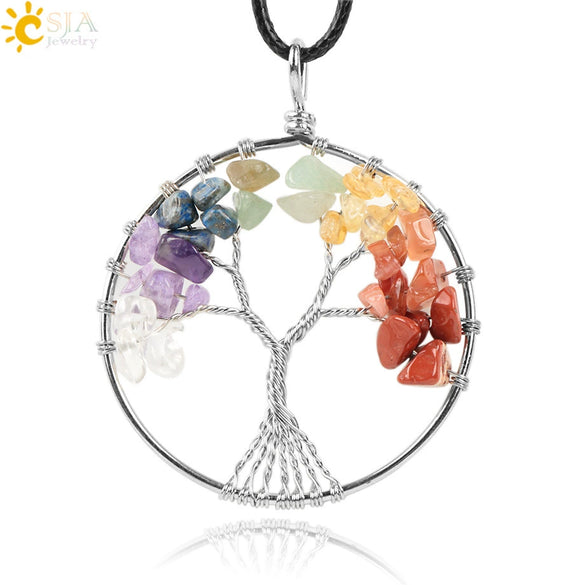 Classic Tree Pendant Necklace With Natural Semi Precious Stone Gravel Hand Woven Rope Chain Minimalist Jewelry