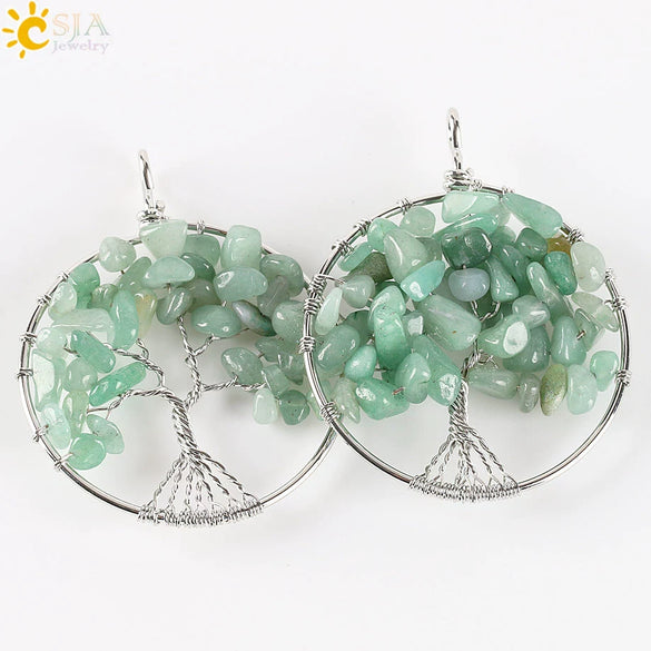 Classic Tree Pendant Necklace With Natural Semi Precious Stone Gravel Hand Woven Rope Chain Minimalist Jewelry
