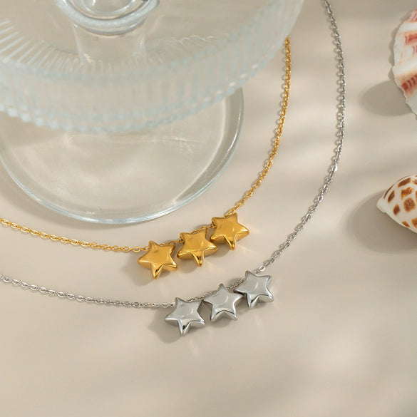 Classic Women's Stainless Steel Three Fivepointed Star Necklace With Pvd Vacuum Real Gold Electroplating
