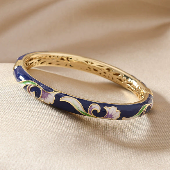 Cloisonné Bracelet With Colorful Lotus Painted Cut Out Double Layer Electroplated Jewelry