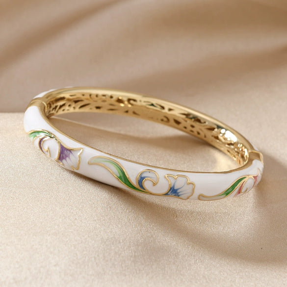 Cloisonné Bracelet With Colorful Lotus Painted Cut Out Double Layer Electroplated Jewelry