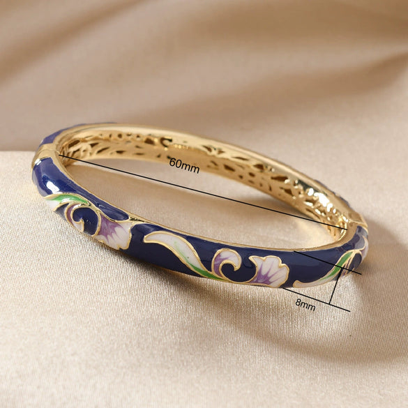 Cloisonné Bracelet With Colorful Lotus Painted Cut Out Double Layer Electroplated Jewelry