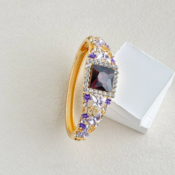 Cloisonné Butterfly Floral Open Bangle Bracelet With Hollow Design And Crystal Detail Plated Fashion Jewelry