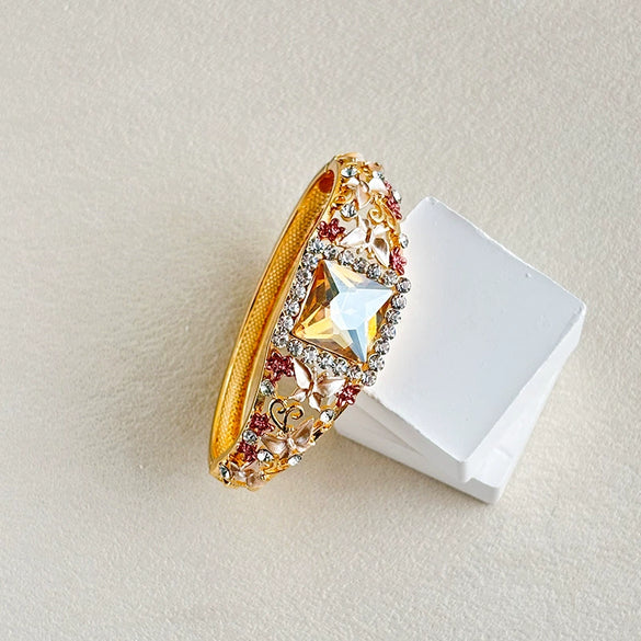 Cloisonné Butterfly Floral Open Bangle Bracelet With Hollow Design And Crystal Detail Plated Fashion Jewelry
