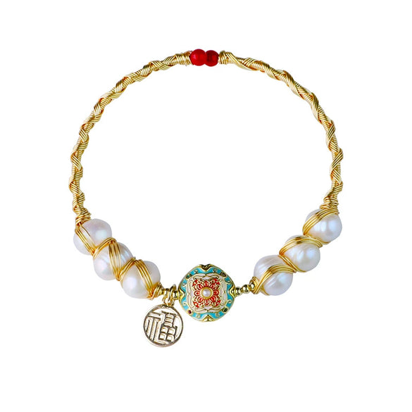 Cloisonne Natural Freshwater Pearl 18K Gold Wire Electroplating Bracelet For Women