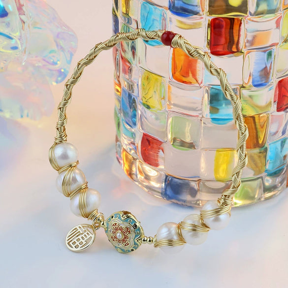 Cloisonne Natural Freshwater Pearl 18K Gold Wire Electroplating Bracelet For Women