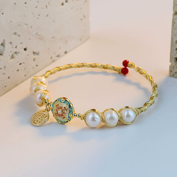 Cloisonne Natural Freshwater Pearl 18K Gold Wire Electroplating Bracelet For Women