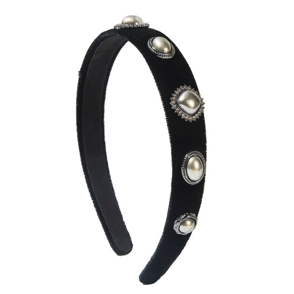 Cloth Hairband With Pearls Rhinestones Diamond Design Simple Style Hair Accessory