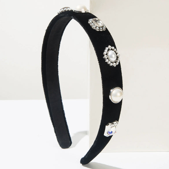 Cloth Hairband With Pearls Rhinestones Diamond Design Simple Style Hair Accessory
