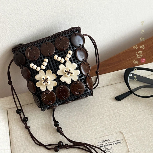 Coconut Shell Handwoven Geometric Crossbody Mini Bag With Wooden Beads And Clavicle Chain For Women