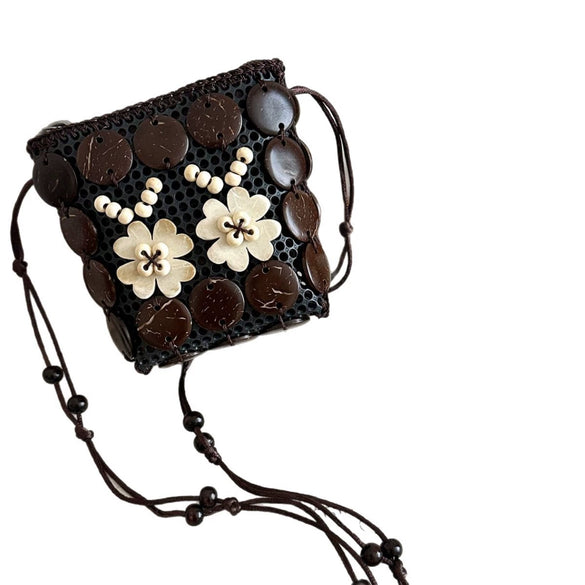 Coconut Shell Handwoven Geometric Crossbody Mini Bag With Wooden Beads And Clavicle Chain For Women