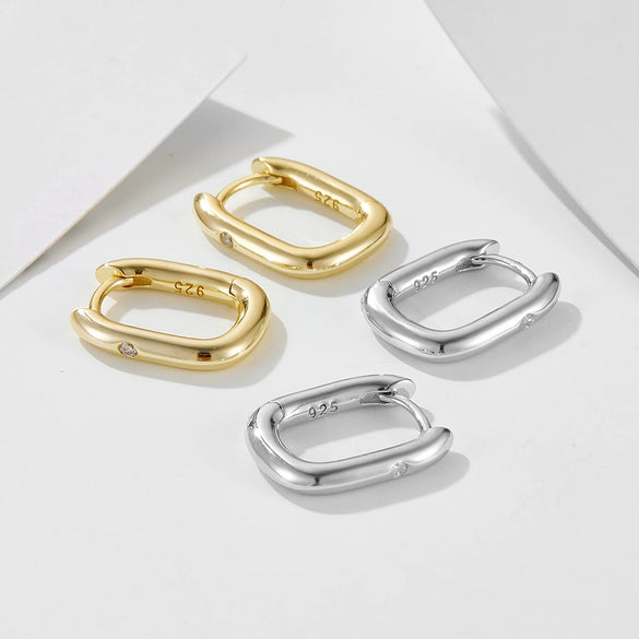 Cold Retro Geometric Smooth Oval U Shaped Sterling Silver Earrings For Women With Diamond Inlay