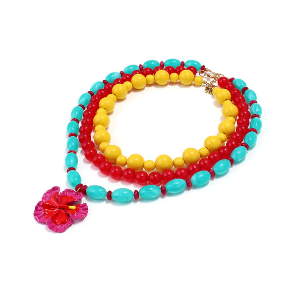 Color Block Resin Multi Layer Necklace Bohemian Vacation Style Plumeria Pendant Necklace For Women Electroplated Zinc Alloy