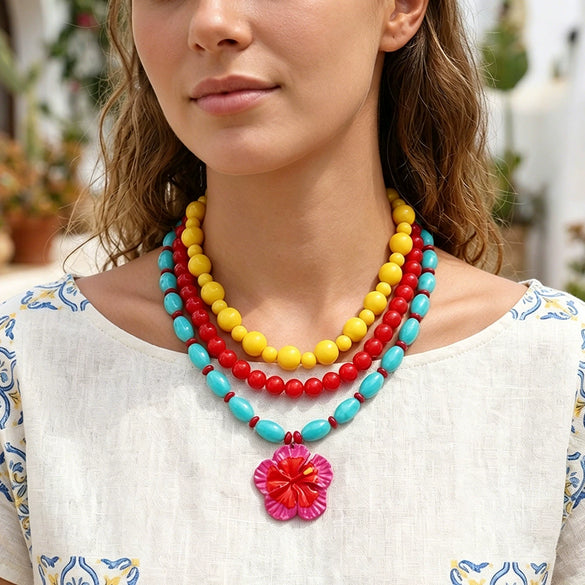 Color Block Resin Multi Layer Necklace Bohemian Vacation Style Plumeria Pendant Necklace For Women Electroplated Zinc Alloy