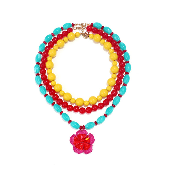 Color Block Resin Multi Layer Necklace Bohemian Vacation Style Plumeria Pendant Necklace For Women Electroplated Zinc Alloy
