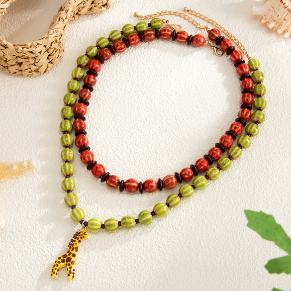 Color Blocked Beaded Necklace With Retro Giraffe Alloy Pendant Geometric Layered Handmade Jewelry For Women