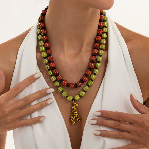 Color Blocked Beaded Necklace With Retro Giraffe Alloy Pendant Geometric Layered Handmade Jewelry For Women