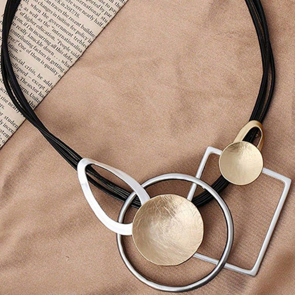 Color Contrast Geometric Interlaced Pendant Long Necklace In Electroplated Zinc Alloy With Matte Metal Finish