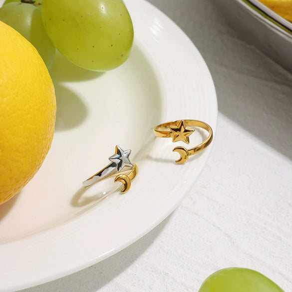 Color Matching Open Ring For Women Titanium Steel Non Fading Jewelry With Star And Moon Design Geometric Pattern Electroplated