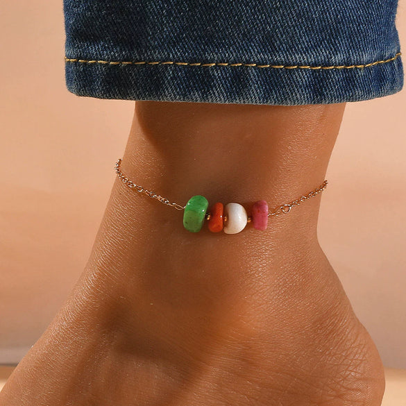 Color Stone Anklet And Metal Pendant Bracelet With Geometric Pattern For Women Bohemian Ethnic Style Beach Chain