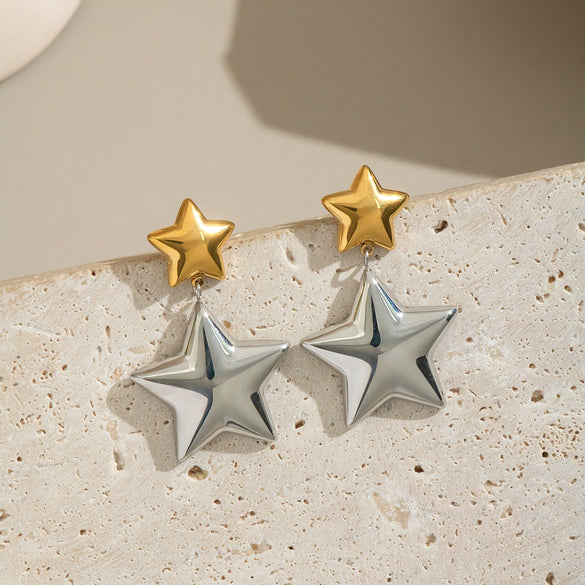 Colorblocked Gold Fivepointed Star Women's Stainless Steel Earrings With Electroplating