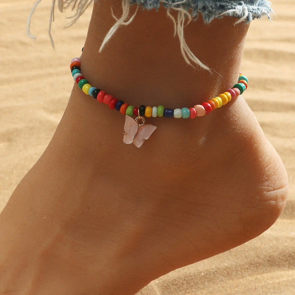 Colorful Beaded Anklets For Women Summer Bohemian Butterfly Rice Bead Foot Accessories Alloy Geometry Style