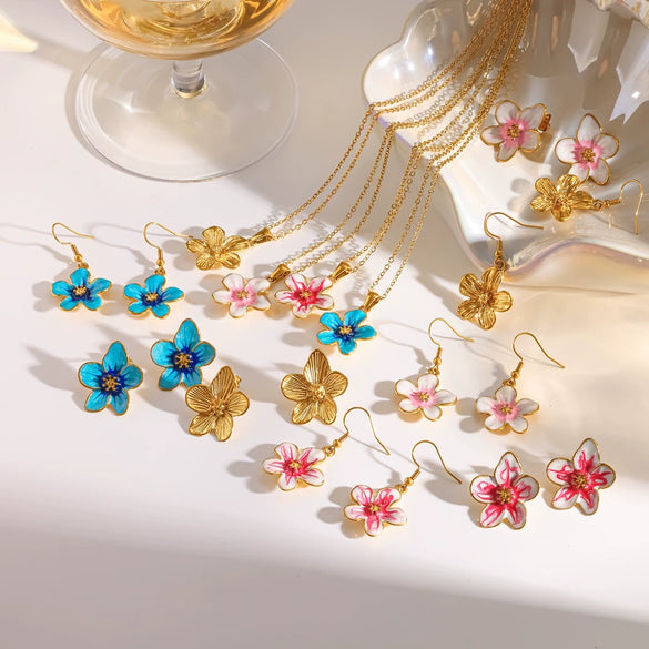 Colorful Drip Oil Flower Earring Necklace Jewelry Set In 18K Gold Stainless Steel With Little Fresh Floral Style
