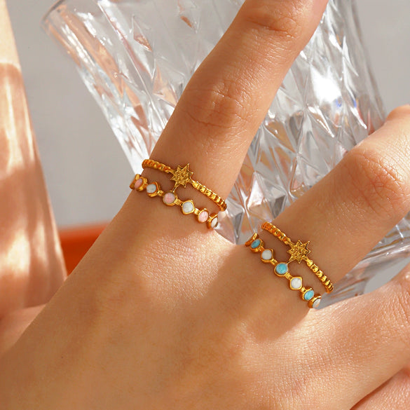 Colorful Enamel Geometric Open Ring For Women Electroplated Stainless Steel With Line Pattern