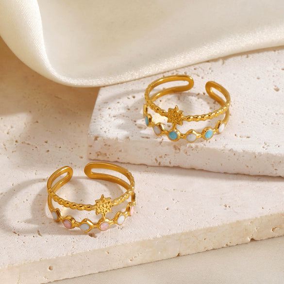 Colorful Enamel Geometric Open Ring For Women Electroplated Stainless Steel With Line Pattern