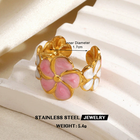 Colorful Enamel Stainless Steel Flower Ring For Women With Gold Tone Electroplated Floral Geometric Design