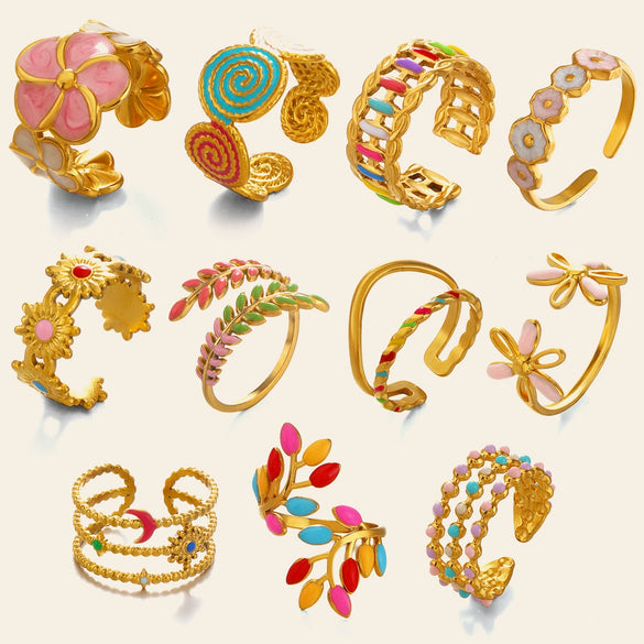 Colorful Enamel Stainless Steel Flower Ring For Women With Gold Tone Electroplated Floral Geometric Design