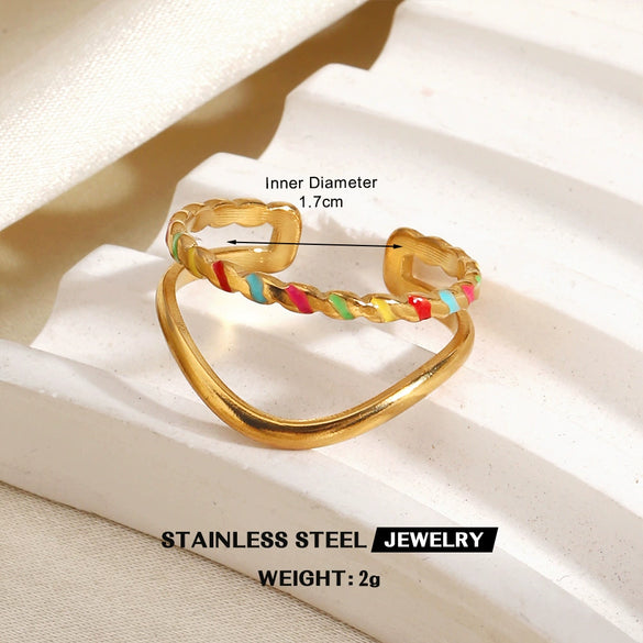 Colorful Enamel Stainless Steel Flower Ring For Women With Gold Tone Electroplated Floral Geometric Design