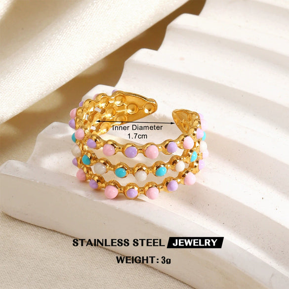 Colorful Enamel Stainless Steel Flower Ring For Women With Gold Tone Electroplated Floral Geometric Design
