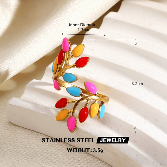Colorful Enamel Stainless Steel Flower Ring For Women With Gold Tone Electroplated Floral Geometric Design