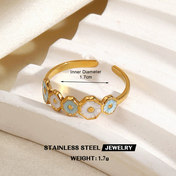 Colorful Enamel Stainless Steel Flower Ring For Women With Gold Tone Electroplated Floral Geometric Design