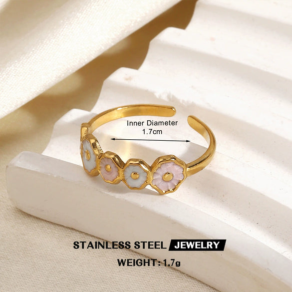 Colorful Enamel Stainless Steel Flower Ring For Women With Gold Tone Electroplated Floral Geometric Design