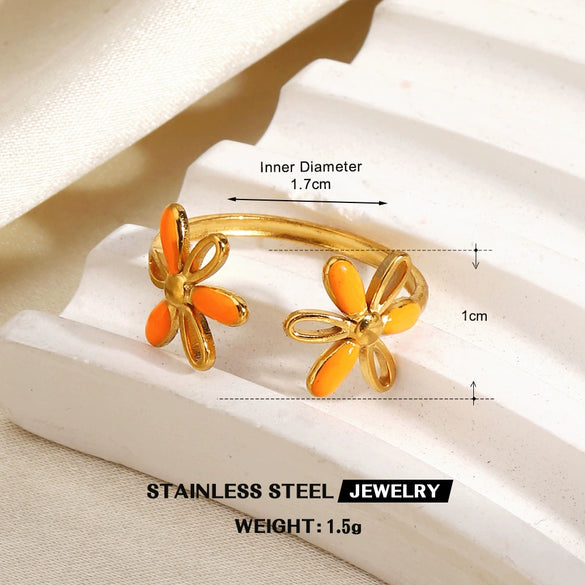 Colorful Enamel Stainless Steel Flower Ring For Women With Gold Tone Electroplated Floral Geometric Design