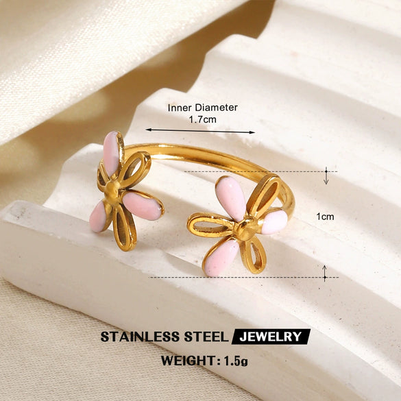 Colorful Enamel Stainless Steel Flower Ring For Women With Gold Tone Electroplated Floral Geometric Design