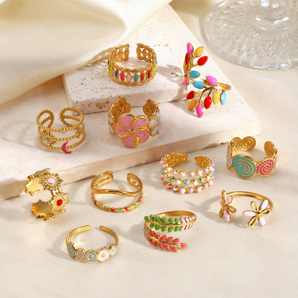 Colorful Enamel Stainless Steel Flower Ring For Women With Gold Tone Electroplated Floral Geometric Design