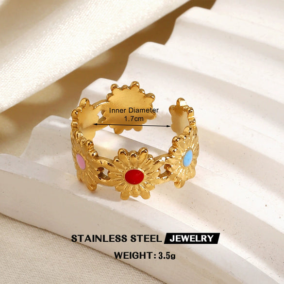 Colorful Enamel Stainless Steel Flower Ring For Women With Gold Tone Electroplated Floral Geometric Design